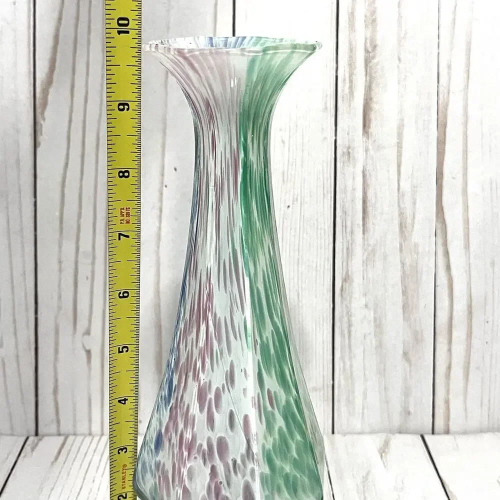 Lavorazione Murano Glass Bud Vase Fluted Twisted-Stem Blue Green Pink Speckled